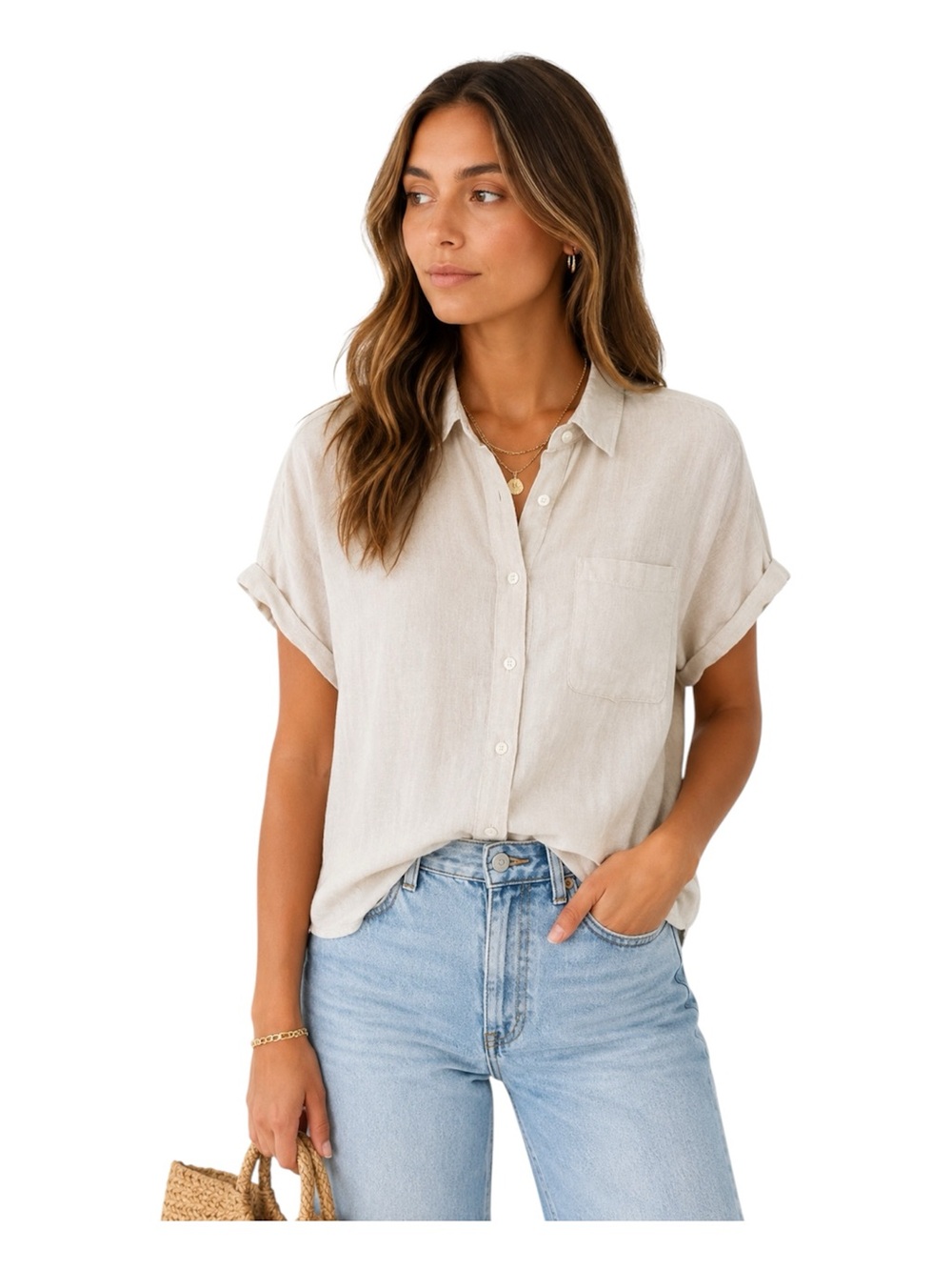 Cloth & Stone 100% Linen Button Up Top Oatmeal Sand Medium Flowy Shirt
